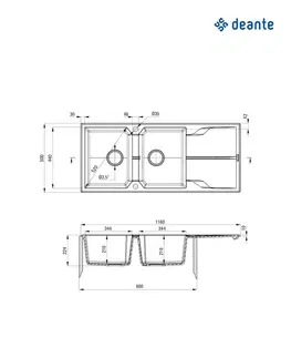Kuchyňské dřezy DEANTE Andante černá Granitový dřez, 2 bowl s odkapávačem ZQN_N213