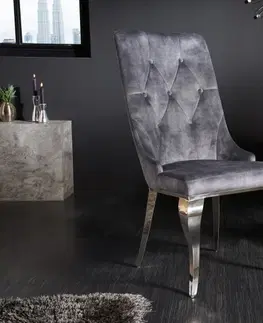 Luxusní jídelní židle Estila Barokní moderní jídelní křeslo Glamour se stříbrným prošívaným čalouněním a s konstrukcí z kovu 102cm