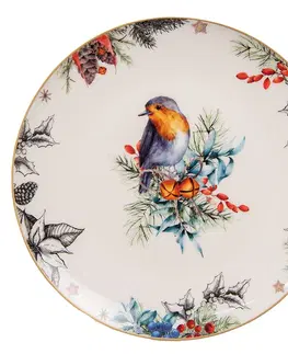 Talíře Porcelánový dezertní talíř s vánočním motivem ptáčka - Ø 21*2 cm Clayre & Eef 6CEDP0129