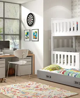 Postele BMS Dětská patrová postel KUBUŠ 3 s přistýlkou | bílá Barva: bílá / šedá, Rozměr: 200 x 90 cm