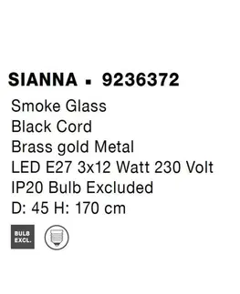 Designová závěsná svítidla NOVA LUCE závěsné svítidlo SIANNA kouřové sklo mosazný zlatý kov E27 3x12W 230V IP20 bez žárovky 9236372