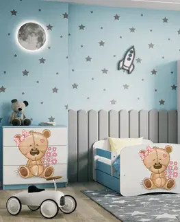 Dětské postýlky Kocot kids Dětská postel Babydreams méďa s kytičkami modrá, varianta 80x180, se šuplíky, s matrací