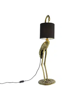 Stojaci lampy Vintage stojací lampa mosazná tkanina odstín černá - Crane bird