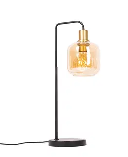 Stolni lampy Designová stolní lampa černá s mosazí a jantarovým sklem - Zuzanna