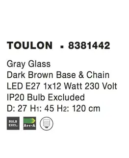 Industriální závěsná svítidla NOVA LUCE závěsné svítidlo TOULON šedé sklo tmavě hnědá základna a řetěz E27 1x12W IP20 bez žárovky 8381442