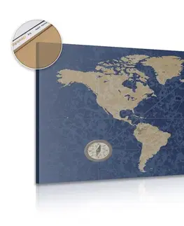 Obrazy na korku Obraz na korku mapa světa s kompasem v retro stylu na modrém pozadí