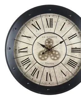 Hodiny Černé kovové nástěnné hodiny s ozubenými kolečky Pit - Ø 80*9 cm Clayre & Eef 5KL0212