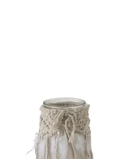 Svícny Skleněný svícen Macrame na čajovou svíčku s béžovými provázky a peříčky- Ø 10*20 cm J-Line by Jolipa 95905
