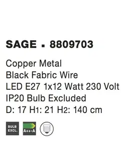 Industriální závěsná svítidla NOVA LUCE závěsné svítidlo SAGE kov, růžová zlatá a černý kabel, E27 1x12W 8809703