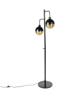 Stojaci lampy Průmyslová stojací lampa černá s mosazným 2-světlem - Haicha
