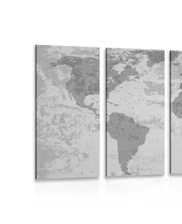 Obrazy mapy 5-dílný obraz stará mapa světa s kompasem v černobílém provedení