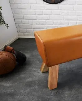 Stylové a luxusní lavice Estila Designová lavice Sodor z pravé kůže v koňakové hnědé barvě s dřevěnýma nohama 100cm