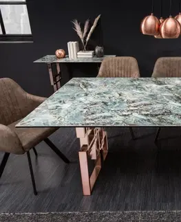 Designové a luxusní jídelní stoly Estila Art-deco obdélníkový jídelný stůl Ariana s tyrkysově modrou vrchní deskou s mramorovým vzhledem a růžovou podstavou 200cm