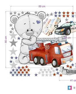 Samolepky na zeď Samolepky na zeď pro kluky - Zásahová auta a medvídek do dětského pokoje