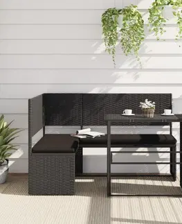 Zahradní sestavy Zahradní pohovka ve tvaru L stolek a podušky černá polyratan