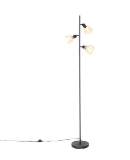 Stojaci lampy Orientální stojací lampa černá s bambusovými 3 světly - Rayan