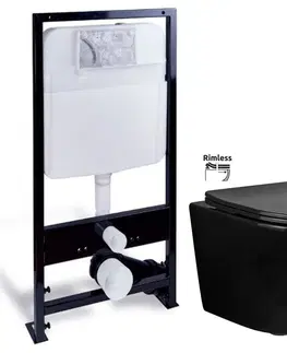 WC sedátka PRIM předstěnový instalační systém bez tlačítka + WC REA CARLO MINI RIMFLESS ČERNÁ  + SEDÁTKO PRIM_20/0026 X CL1