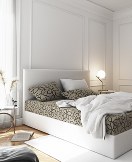 Postele Čalouněná postel CESMIN 140x200 cm, krémová se vzorem/bílá