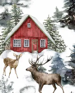 Vánoční závěsy Vánoční závěs s motivem - červený domeček v lese 150 x 240 cm