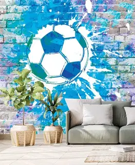 Street art tapety Tapeta modrý fotbalový míč na cihlové zdi