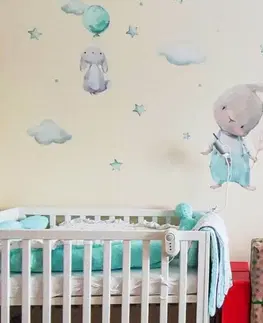 Samolepky na zeď Samolepka do dětského pokoje - Zajíčci s hvězdičkami v mentolové barvě