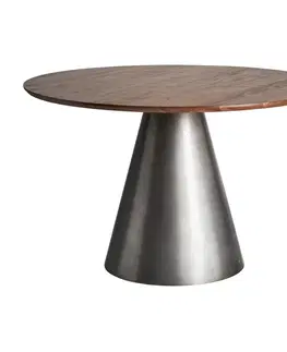 Designové a luxusní jídelní stoly Estila Moderní kulatý jídelní stůl Seipur se stříbrnou kovovou podstavou a masivní hnědou vrchní deskou 120cm