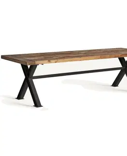 Designové a luxusní jídelní stoly Estila Luxusní obdélníkový industriální jídelní stůl Inar s dřevěnou deskou v přírodní hnědé barvě s tabulovým designem 280 cm