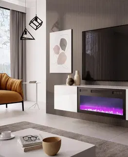 TV stolky HALMAR Závěsný TV stolek LICO s krbem 180 cm bílý