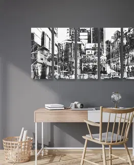Černobílé obrazy 5-dílný obraz abstraktní panoráma města v černobílém provedení