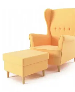 Židle Pohodlné žluté křeslo s taburetkou