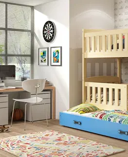 Postele BMS Dětská patrová postel s přistýlkou KUBUŠ 3 | borovice Barva: Borovice / modrá, Rozměr: 200 x 90 cm