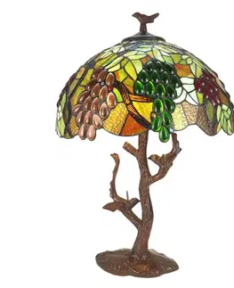 Svítidla Zelená stolní lampa Tiffany s hroznovým vínem a ptáčky Poulien - Ø 41*58 cm E27/max 2*60W Clayre & Eef 5LL-6130