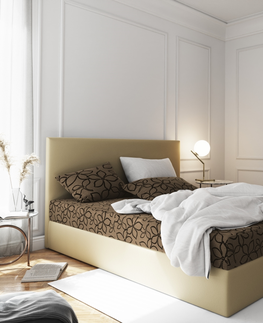 Postele Čalouněná postel CESMIN 140x200 cm, hnědá se vzorem/krémová