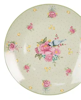 Talíře Zelený porcelánový dezetní talíř s květy a ptáčkem Cheerful Birdie - Ø 20 cm Clayre & Eef HBDP