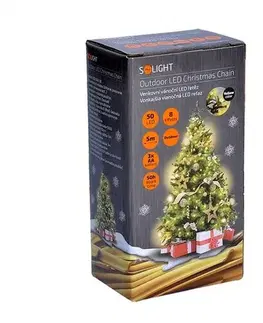 Vánoční dekorace Solight Světelný venkovní řetěz na baterie 50 LED s časovačem, 5 m, teplá bílá