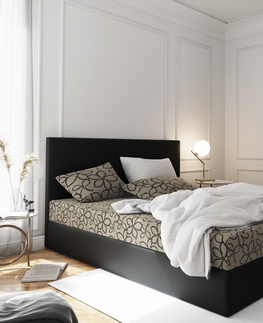 Postele Čalouněná postel CESMIN 180x200 cm, krémová se vzorem/černá