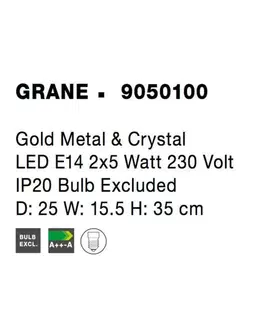 Designová nástěnná svítidla NOVA LUCE nástěnné svítidlo GRANE zlatý kov a křišťál E14 2x5W 230V IP20 bez žárovky 9050100