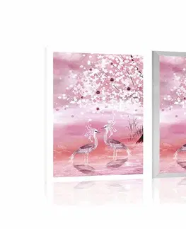 Zvířata Plakát volavky pod magickým stromem v růžovém provedení