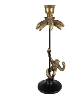 Svícny Černo - zlatý antik svícen ve tvaru palmy s opičkou Monkey - 12*11*32 cm Clayre & Eef 65146