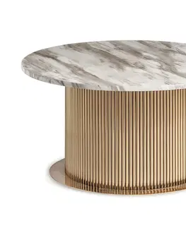 Designové a luxusní konferenční stolky Estila Luxusní kulatý art deco konferenční stolek Pius s bílou mramorovou deskou a zlatou nohou s drážkovaným designem 80 cm