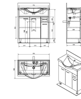 Koupelnový nábytek AQUALINE KERAMIA FRESH umyvadlová skříňka 74,5x74x34,7cm, dub platin 50083