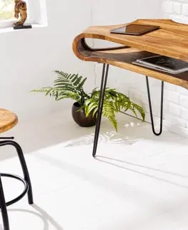 Stylové a luxusní pracovní a psací stoly Estila Industriální kancelářský stolek Spin z masivního dřeva sheesham s černýma kovovými nohama 120cm