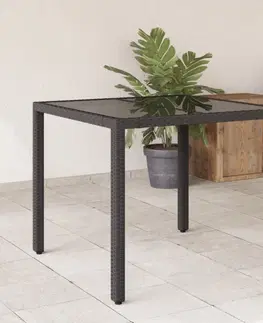 Zahradní stolky Zahradní stůl se skleněnou deskou černý 90x90x75 cm polyratan
