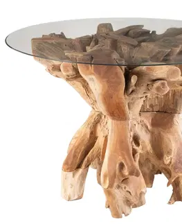 Zahradní sestavy Přírodní jídelní stůl z teakového dřeva a skleněnou deskou na kmeni Raoul teak - Ø140*75cm J-Line by Jolipa 20981
