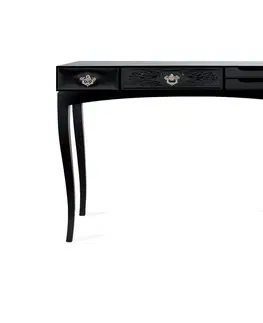 Designové a luxusní konzolové stolky Estila Luxusní černá konzole Mondrian z lakovaného masivu a černých skel se zásuvkami a mosaznými rukojeťmi 118cm