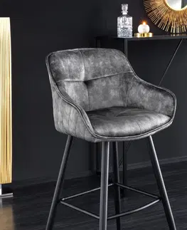 Luxusní barový nábytek Estila Glamour designová barová židle Rufus s tmavě šedým sametovým čalouněním a černou konstrukcí z kovu 100cm