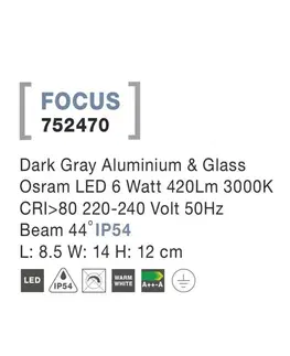 LED reflektory NOVA LUCE venkovní reflektor FOCUS tmavě šedý hliník a sklo Osram LED 6W 3000K 220-240V 44st. IP54 752470
