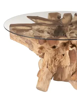 Konferenční stolky Přírodní coffee stůl z teakového dřeva a skleněnou deskou na kmeni Raoul teak - Ø90*45cm J-Line by Jolipa 20977