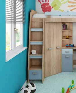 Postele ArtCross Dětská rohová vyvýšená postel ANTRESOLA sonoma / modrá Provedení: pravé