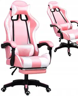 Kancelářské křesla Pohodlné herní křeslo s masážním polštářkem růžovo bílé barvy